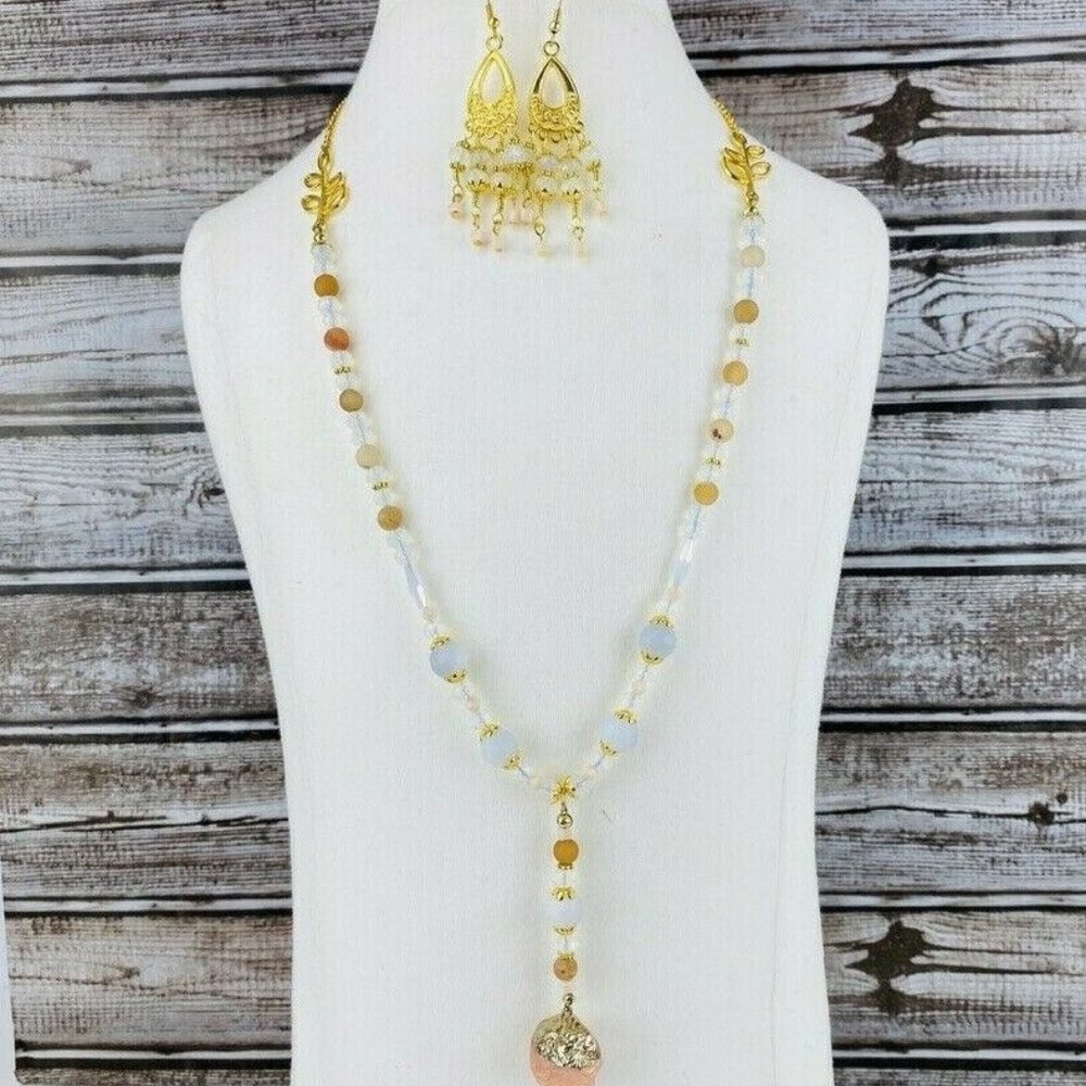 Agate Quartz Necklace Chandelier Earrings Gold